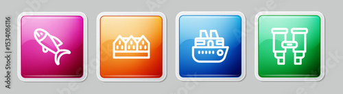 Set line Fish, Norwegian wooden house, Cruise ship and Binoculars. Colorful square button. Vector