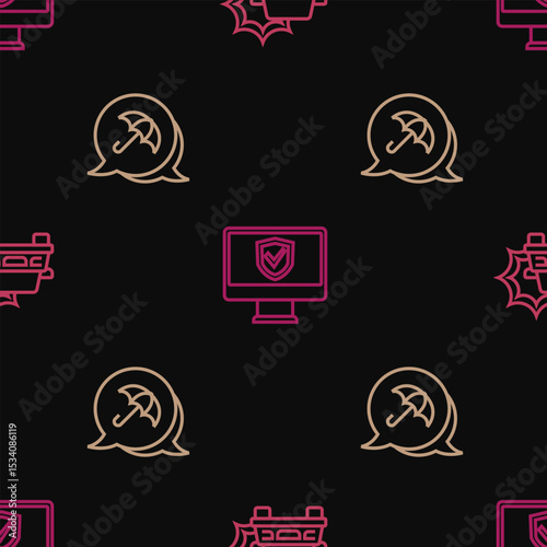Set line Car accident, Umbrella and Insurance online on seamless pattern. Vector