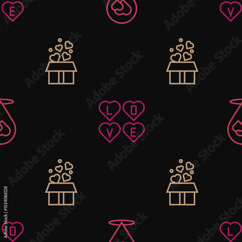 Set line Location with heart, Gift box hearts and Love text on seamless pattern. Vector