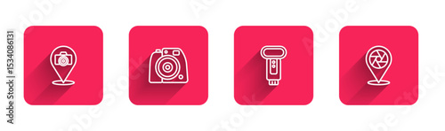 Set line Photo camera, flash and Camera shutter with long shadow. Red square button. Vector