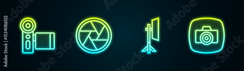 Set line Cinema camera, Camera shutter, Studio light bulb softbox and Photo. Glowing neon icon. Vector
