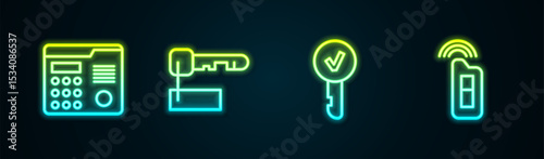 Set line House intercom system, Marked key, Key and Car with remote. Glowing neon icon. Vector
