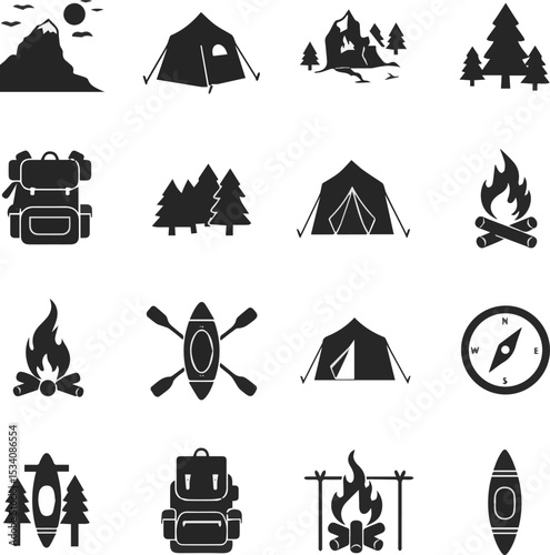 Create a kinds of  symbol, travel, art, mountain, set, tree, tent, silhouette, design, sea, sign, black, camping, holiday, nature vector art silhouette with white background.