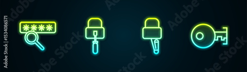 Set line Password protection, Lock picks for lock picking, and Key. Glowing neon icon. Vector
