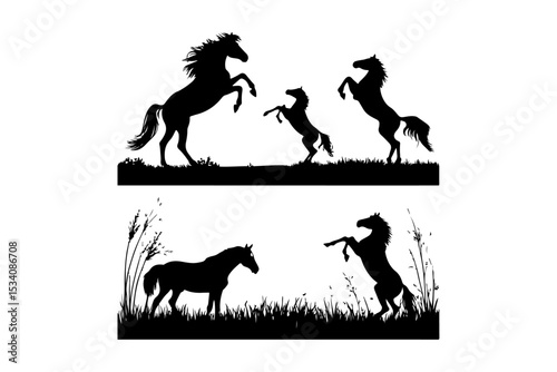 Silhouettes of horses and riders on a white background in a black vector animal collection illustration