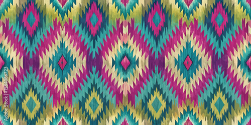 Vibrant geometric pattern in teal, pink, and yellow hues.
