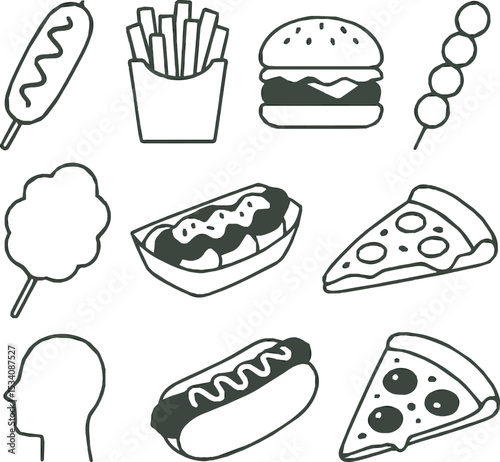 Create a kinds deferent food, hamburger, burger, fast, vector, pizza, icon vector art with white background.