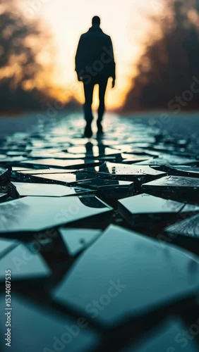 Silhouette of a person walking on a path of shattered glass with a sunset background, representing a journey or overcoming challenges.