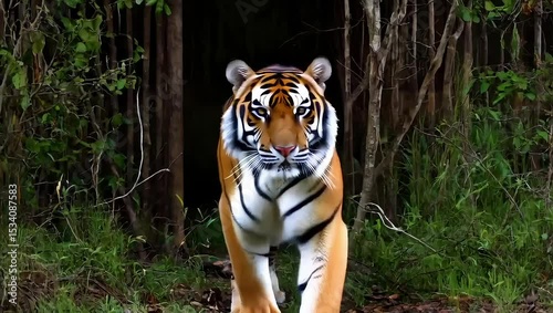 Powerful Tiger Walking in Forest Against a Greenery Backdrop