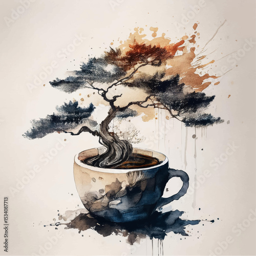 Bonsai in a Teacup – Warm Watercolor Scene of Nature in Miniature