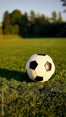 Traditional black and white soccer ball resting on a field of green grass in a natural outdoor setting, sport and recreation concept