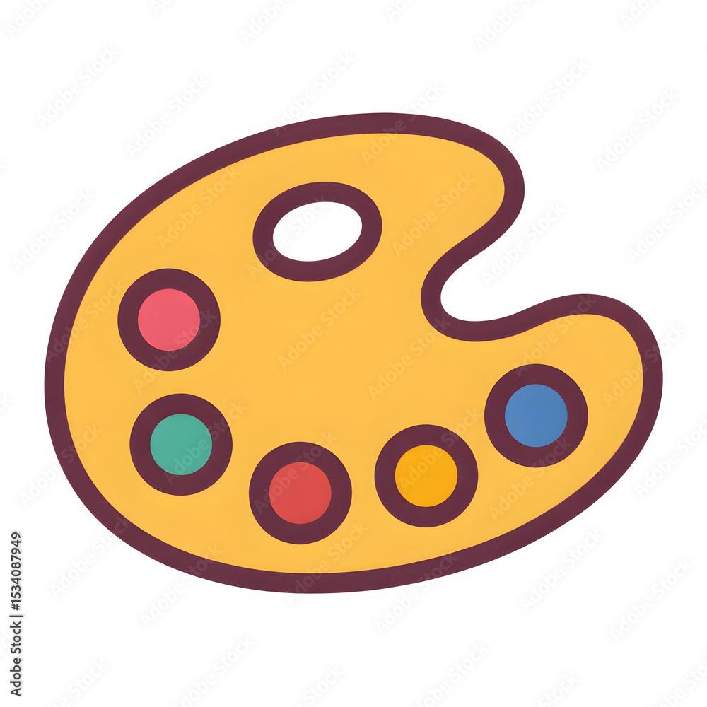 Obraz premium Paint palette doodle: casual purple outline, flat yellow palette shape, five paint wells, transparent background.