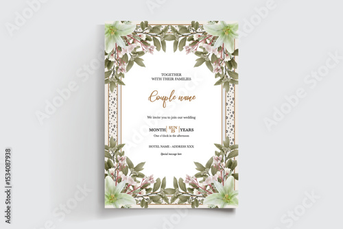WEDDING INVITATION FRAME WITH FLOWER DECORATIONS AND FRESH LEAVES