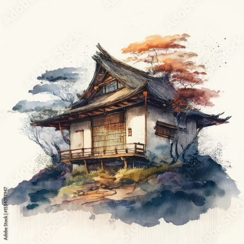 AI-Generated Japanese Watercolor House – Traditional Rural Architecture with Autumn Trees