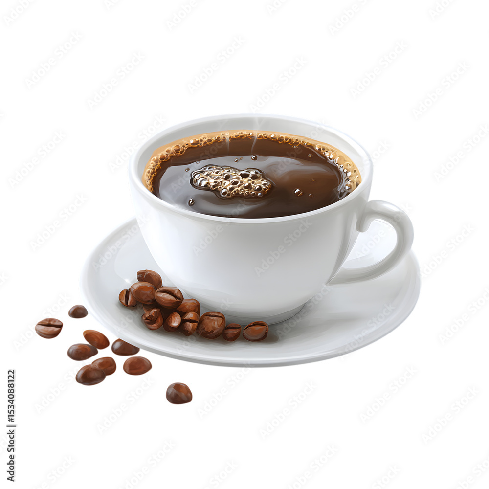 Fototapeta premium A freshly brewed cup of coffee with coffee beans on a white saucer perfect for morning breakfast or any time