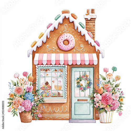 Festive gingerbread house covered in candies and surrounded by floral bouquets