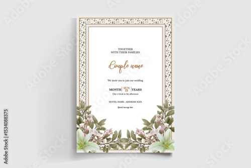 WEDDING INVITATION FRAME WITH FLOWER DECORATIONS AND FRESH LEAVES