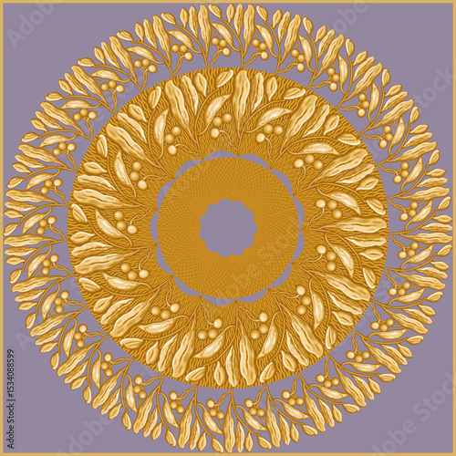 Scarf vector pattern from golden laurel wreath and olive tree branches on a light purple backdrop