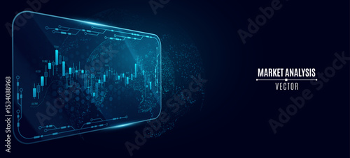 Futuristic market analysis interface with glowing candlestick chart and planet map. Global data visualization. Trading platform, investment economy analytics for FinTech background. Vector.