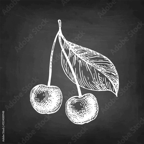 Chalk sketch of cherries with stem and leaf