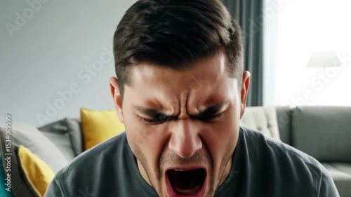 Angry man screaming with frustration and rage at home. shouting, emotional breakdown, stress release, mental health crisis, uncontrollable anger, emotional outburst, psychological distress