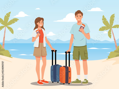 Happy tourist with Large travel bag luggage for travel and exploring the beach. The lovers holding map and passport, smiling. Summer vacation and tropical travel concept illustration.