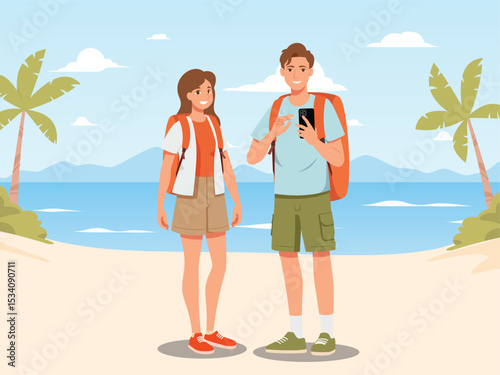 Happy tourist with Large travel bag luggage for travel and exploring the beach. The lovers holding map and passport, smiling. Summer vacation and tropical travel concept illustration.