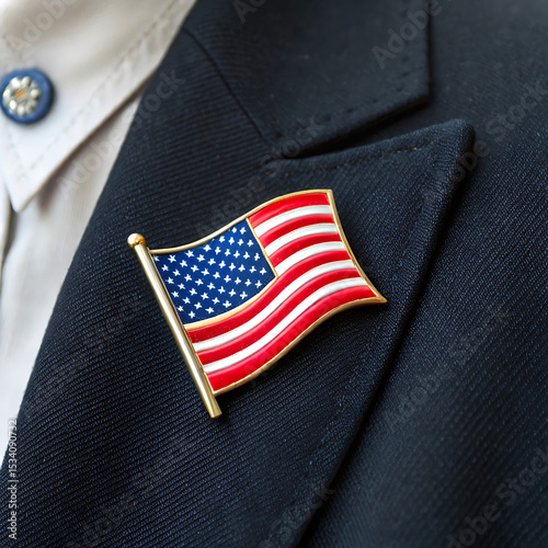 American Flag Lapel Pin on Dark Blue Suit Detailed Patriotic Elegance and Formal Wear Accessory