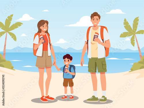 Happy family with backpacks holding passports, standing on the beach, ready for vacation travel. Summer holiday concept with tropical background and blue ocean.