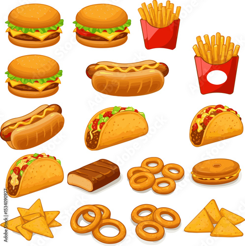 Create a kinds of deferent food, bread, cake, hamburger, set, burger, fast, sandwich, sweet, vector, icon, dessert, bakery, pizza vector art with white background.