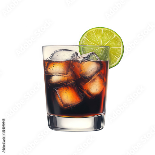 Refreshing cuba libre cocktail in glass with ice and lime isolated on transparent background