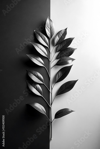 Elegant Black and White Leaf Branch on Contrasting Background for Modern Design