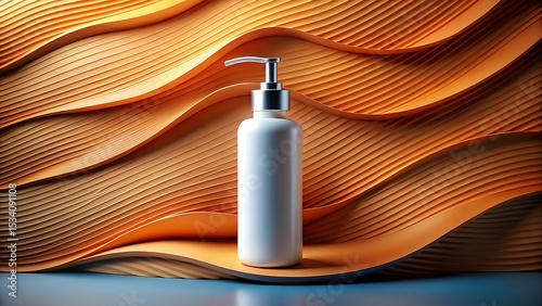 Elegant White Lotion Bottle with Silver Pump on Abstract Orange Background