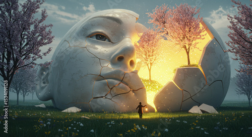 Cracked porcelain head lying in a calm meadow with golden light and blooming trees emerge. inner growth after emotional breakage concept.
