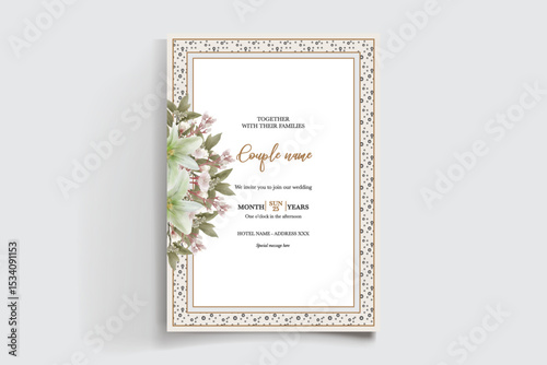 WEDDING INVITATION FRAME WITH FLOWER DECORATIONS AND FRESH LEAVES