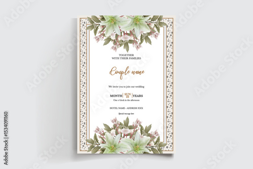 WEDDING INVITATION FRAME WITH FLOWER DECORATIONS AND FRESH LEAVES