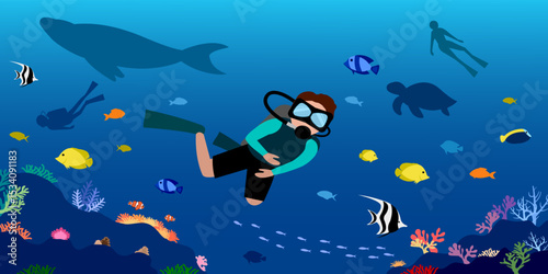 Scuba diver on colorful coral reef, swimming with colorful marine fish under tropical sea ocean. Exploring amazing underwater. People enjoy their outdoors activities on holiday, vector illustration