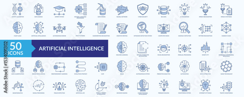 Artificial intelligence icon collection set with genetic algorithm, expert system, natural language processing, neural network, machine learning