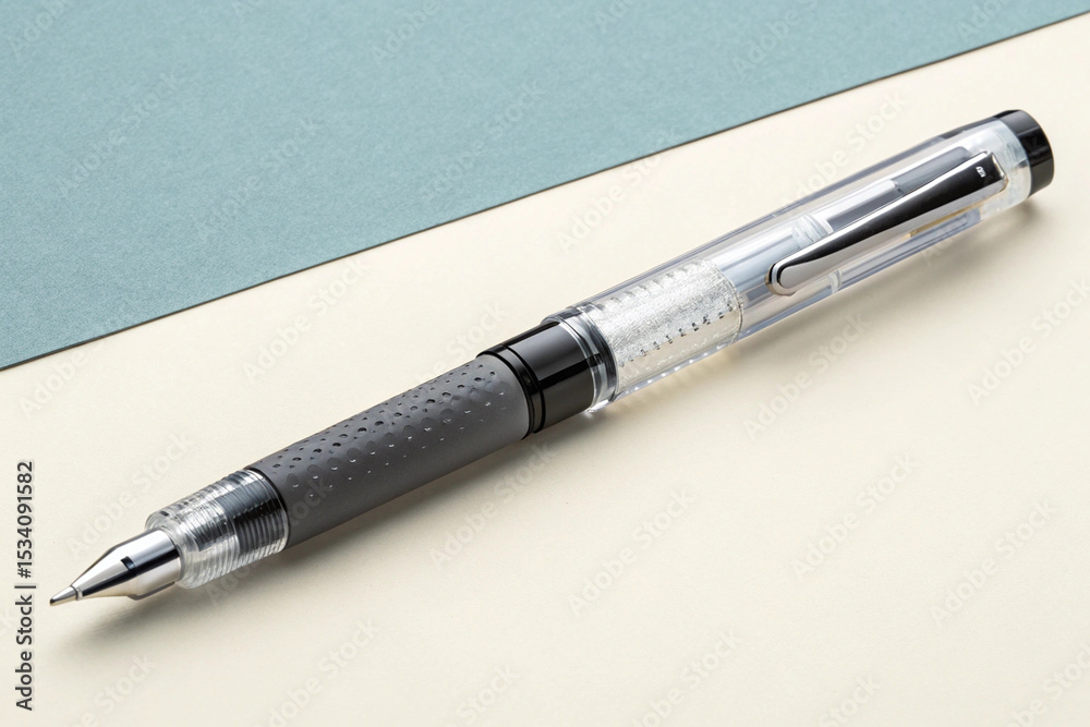Fototapeta premium Stylish Clear Pen with Grey Grip on Neutral Background
