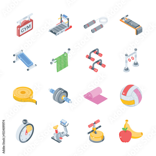 Well designed collection of fitness and workout tools isometric icons