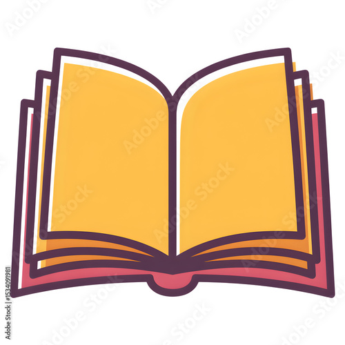 Open book doodle: thick uneven purple outline, flat yellow pages, simplified spine, transparent background.