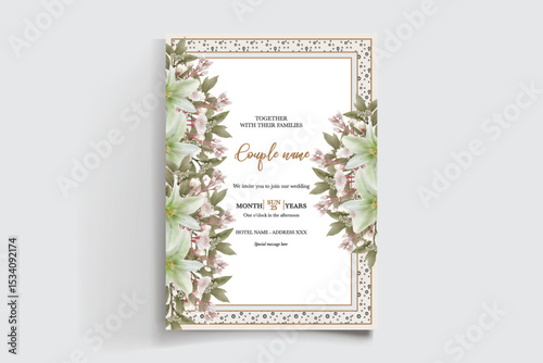 WEDDING INVITATION FRAME WITH FLOWER DECORATIONS AND FRESH LEAVES