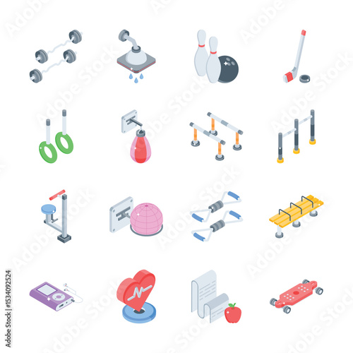 Download this collection of fitness and physical Exertion isometric icons