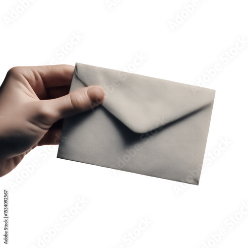 A hand delicately holds a neutral-colored envelope, against an undefined backdrop, implying communication, privacy, or the anticipation of a message. 