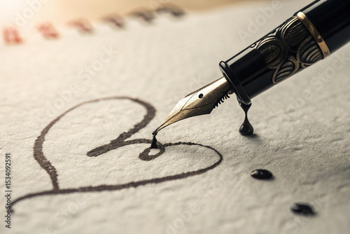 Elegant Fountain Pen Writing a Heart on Aged Paper