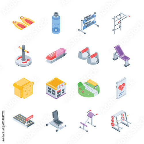 Download out premium pack of fitness and workout isometric icons
