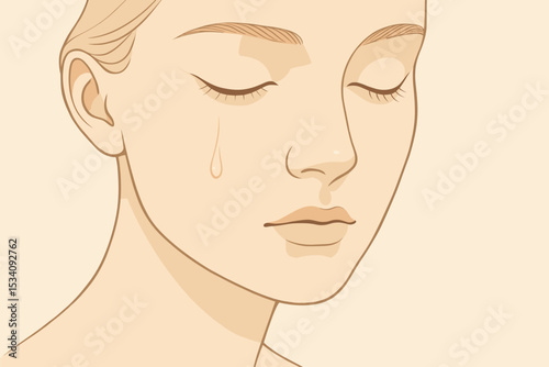 Woman with tear rolling down cheek showing silent emotion and mental health pain