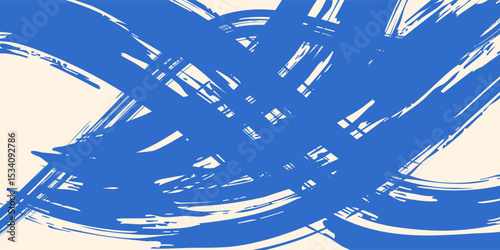Grainy blue bold brush stroke with spray texture. Hand drawn distress damaged edge vintage template, banner. Grainy bold brush strokes texture with small dots. Retro vector background for posters.