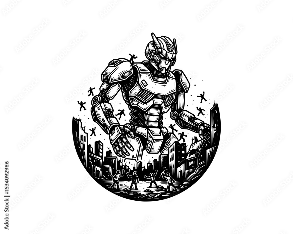 Fototapeta premium woodcut linocut illustration of giant robot invading people in a big city resembling ai artificial intelligence android machine conquer human race 