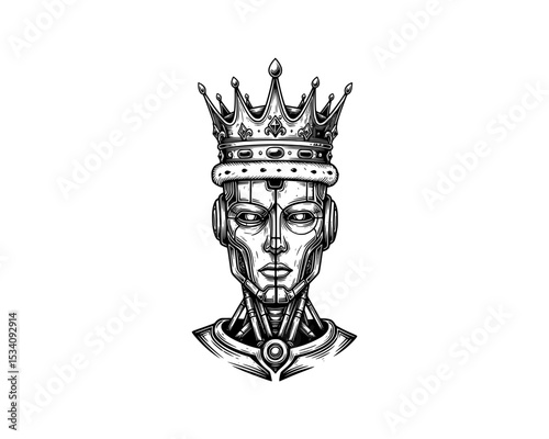 woodcut linocut illustration of half body robot figure wearing a crown looking straight to you resembling ai artificial intelligence android machine conquer human race 